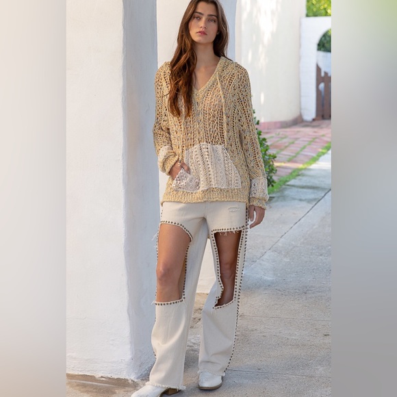 POL Yellow Powder Banana Crochet Knit Hoodie Sweater - Picture 5 of 7